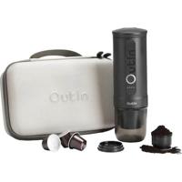 Outin - Draagbare elektrische espressomachine met beschermkoffer - Nano reis cadeauset - snelle waterverwarming - Italiaans design - capsules & gemalen koffie - 20 bar - draagbare koffiemachine - reis & camping koffiezetapparaat -12 volt - Zwart/Grijs - thumbnail