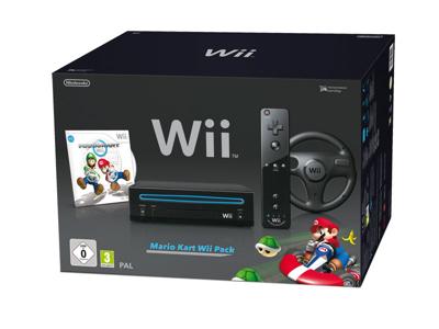 Nintendo Wii (Black) + Mario Kart Wii + Wii Wheel (boxed)