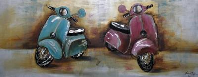 Schilderij - Handgeschilderd - Retro scooters 150x60cm