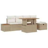6-delige tuinsofa set met kussens in beige poly rattan en acacia. - thumbnail