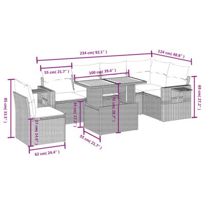 7-delige Loungeset met kussens poly rattan beige