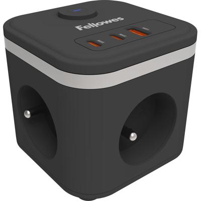 Fellowes contactdoos Power Cube, 3 stopcontacten + 1 x USB-A + 2 x USB-C, zwart, voor België