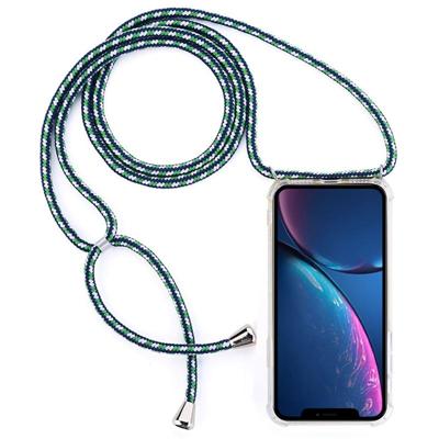 Vierhoek anti-val transparante TPU mobiele telefoon geval met Lanyard voor iPhone XR (groen wit blauw)