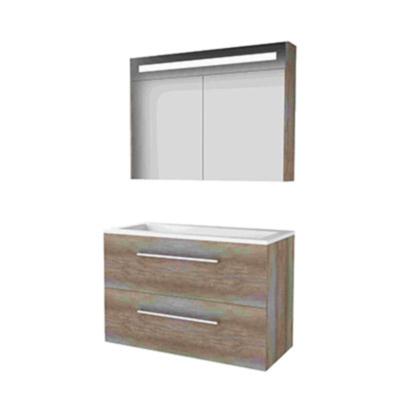 Basic-Line Premium 46 Badkamermeubelset - 100 x 46 cm - Met Grepen - 2 Lades - Acryl Wastafel - Zonder Kraangat - Spiegelkast met LED Verlichting - Scotch Oak