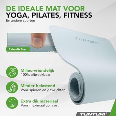Tunturi Yogamat 8mm | Pilates mat | Fitnessmat | 183 x 61 x 0,8 cm | Incl Draagtas | Anti Slip en Eco | Licht Blauw