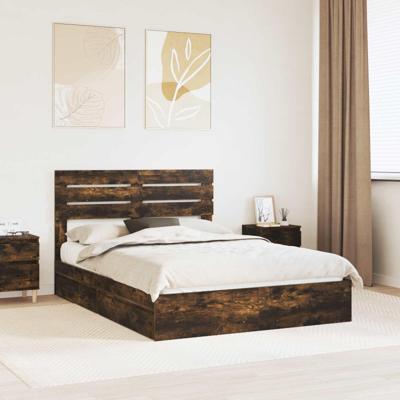 Bedframe met lade Gerookt eiken 140 x 190 cm Bewerkt hout