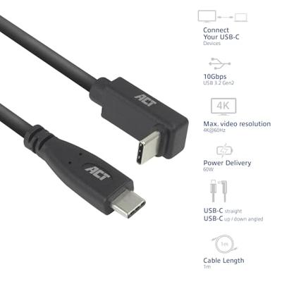 ACT USB 3.0 10Gbps 60W USB Type-C - USB Type-C (haaks verticaal)1m