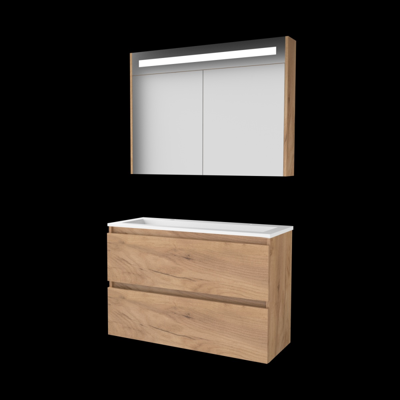 Basic-Line Premium 39 Badkamermeubelset - Ondiep - 100 x 39 cm - Greeploos - 2 Lades - Acryl Wastafel - 2 Kraangaten - Spiegelkast met LED Verlichting - Whisky Oak