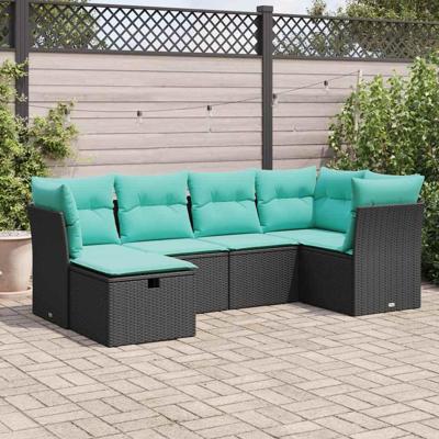 6-delige Loungeset met kussens poly rattan zwart