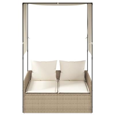Ligbed tweepersoons met dak en gordijn poly rattan beige