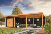 verblijf Wierden 900x400 cm incl. dubbele deur - horizontale wanden onbehandeld - Bouwpakket- Plat dak- Onbehandeld Douglashout- Tuindeco - thumbnail