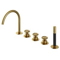Badrandcombinatie Hotbath Cobber @Work Inbouw 5 Gats Met 2 Stopkranen En Handdouche Met Uitloop Geborsteld Messing PVD - thumbnail