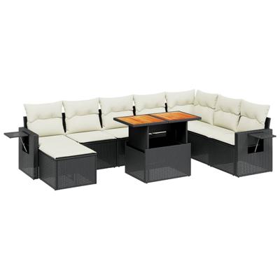9-delige Loungeset met kussens poly rattan acacia zwart