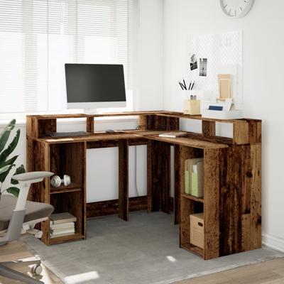 Bureau met LED-verlichting 130x130x91 cm bewerkt hout oud hout - thumbnail