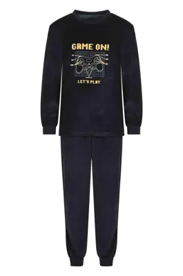 Outfitter velours jongens pyjama - Game on Winter - Maat 128 - 128 - Blauw