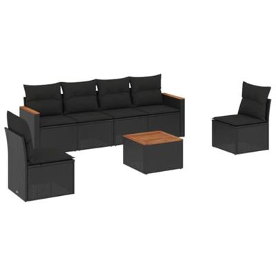 7-delige Loungeset met kussens poly rattan zwart