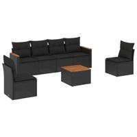 7-delige Loungeset met kussens poly rattan zwart - thumbnail