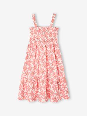 Meisjesjurk met gesmokte bretels en bloemenprint vanille