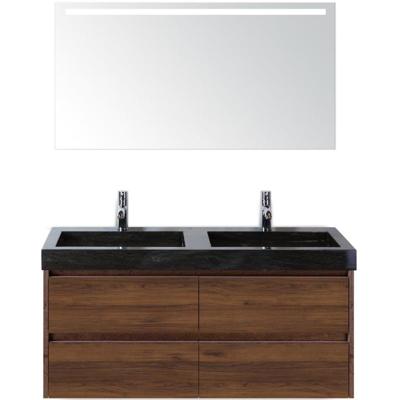Dante Badmeubelset 120 cm - Walnoot - Wastafel Hardsteen Wit Lucca Dubbel met Sence Spiegel