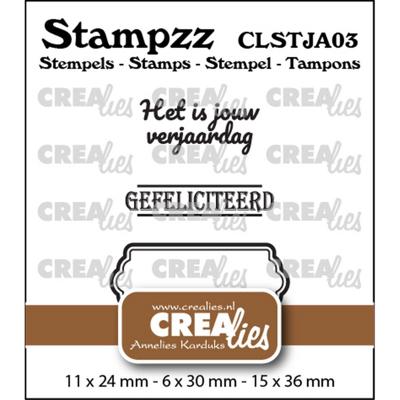Crealies • stampzz stempelset jarig 03: 2 teksten + 1 tag/label