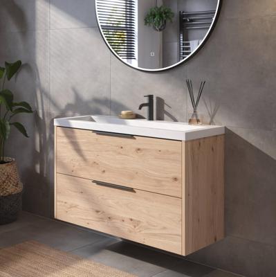 Saqu Lima ondiep badmeubel incl. glans witte wastafel 100x40x64cm naturel eiken - mat zwarte greep