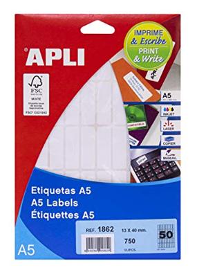 Apli witte etiketten Print & Write ft 13 x 40 mm (b x h), 750 stuks, 50 per blad (1862) Apli witte etiketten Print & Write ft 13 x 40 mm (b x h), 750 stuks, 50 per blad (1862)