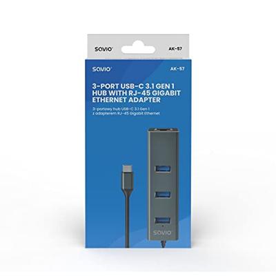 SAVIO USB Hub USB C verdeler - USB C adapter - 3 x USB C Hub - USB Adapter - USB-C Hub - Adapter USB C Switch - USB hubs - 1 x USB LAN-poort - USB C Hub - USB Multiport