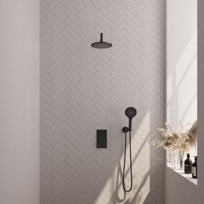 Mat zwarte thermostatische regendouche set met 3-weg omstelling, douchekop van 20 cm, gebogen muurarm en handdouche met 3 standen