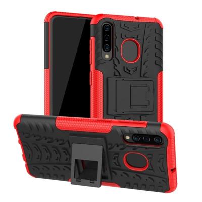 Band textuur TPU + PC schokbestendig telefoon geval voor Galaxy A50/A20/A30 met houder (rood)