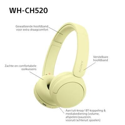 Sony WH-CH520 Draadloze on-ear Bluetooth-koptelefoon, Geluid van hoge kwaliteit, Lichtgewicht ontwerp, Batterijduur tot 50 uur, Snel opladen, EQ, Heldere gesprekskwaliteit, iOS & Android - Geel