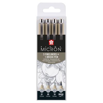Sakura pigma micron fineliner set, 4 maten, licht koelgrijs