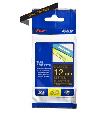 Labeltape Brother TZe, TZ TZe-334 PET Tapekleur: Zwart Tekstkleur:Goud 12 mm 8 m