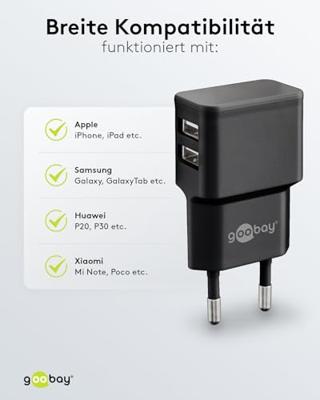 USB-A-adapter - USB-A-lader - 2 poorts - 2400mA - 12W - Zwart - thumbnail
