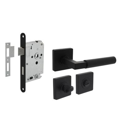 Set toiletslot 63/8 zwart met deurkruk Baustil op rozet 55x55mm en WC-sluiting zwart