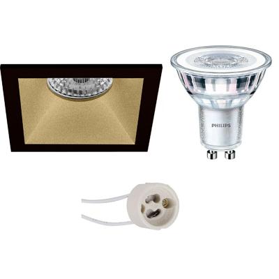 GU10 Inbouwspot Set - Mat Zwart/Goud - Inbouw Vierkant - Verdiept - Philips - CorePro 840 36D - Dimbaar - Pragmi Pollon Pro - 3W - Natuurlijk Wit 4000K - 82mm