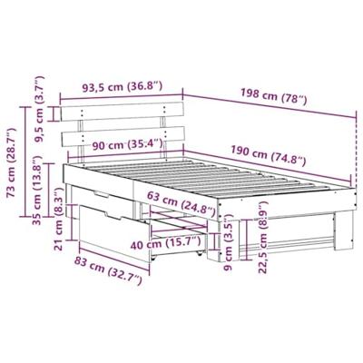 Bedframe met lade met hoofdeinde met opslag Wit 90 x 190 cm Grenenhout