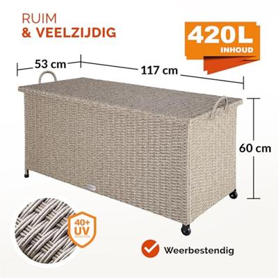 Polyrattan Kussenbox Creme 122x56x61cm met Wielen - thumbnail