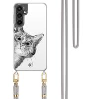 Samsung Galaxy S24 FE hoesje met grijs koord - Peekaboo kat - thumbnail