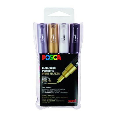 Uni POSCA paintmarker PC-1MC, 0,7 - 1 mm, etui van 4 stuks, goud, zilver, wit en zwart