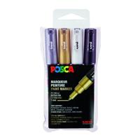 Uni POSCA paintmarker PC-1MC, 0,7 - 1 mm, etui van 4 stuks, goud, zilver, wit en zwart - thumbnail