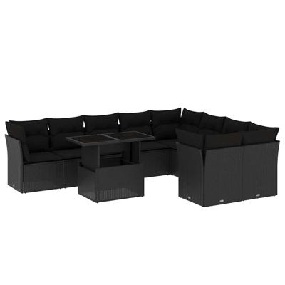 10-delige Loungeset met kussens poly rattan zwart - thumbnail
