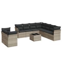 10-delige Loungeset met kussens poly rattan lichtgrijs - thumbnail
