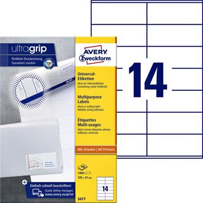 Avery Zweckform 3477, Universele etiketten, Ultragrip, wit, 100 vel, 14 per vel, 105 x 41 mm