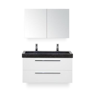 Seville Badmeubelset 100 cm - Wit Hoogglans - Wastafel Hardsteen Wit Lucca 2 kraangaten - met Spiegel - Variant 2