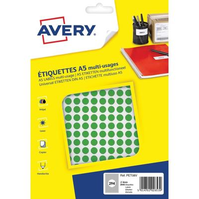 Avery PET08V ronde markeringsetiketten, diameter 8 mm, blister van 2940 stuks, groen Avery PET08V ronde markeringsetiketten, diameter 8 mm, blister van 2940 stuks, groen