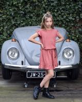 LEVV Girls jurk Manuela met stippen en ruches roze/wit - thumbnail