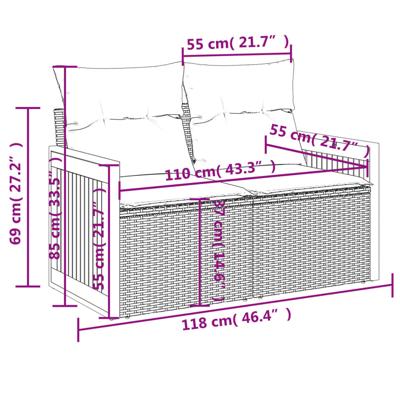 3-delige Loungeset met kussens poly rattan zwart - thumbnail