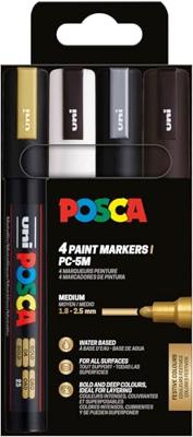 Uni POSCA paintmarker PC-5M, 1,8 - 2,5 mm, etui van 4 stuks goud, wit, zilver en zwart Uni POSCA paintmarker PC-5M, 1,8 - 2,5 mm, etui van 4 stuks goud, wit, zilver en zwart