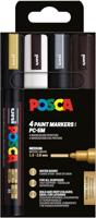 Uni POSCA paintmarker PC-5M, 1,8 - 2,5 mm, etui van 4 stuks goud, wit, zilver en zwart - thumbnail