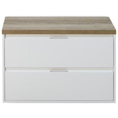 Porto Badmeubelset 90 cm - Wit Hoogglans - Wastafelbovenblad Natuur Eiken